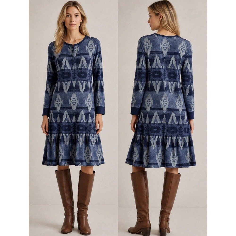Ralph Lauren Dress Henley Dress Medium Blue Aztec Southwest Boho A-line Thermal